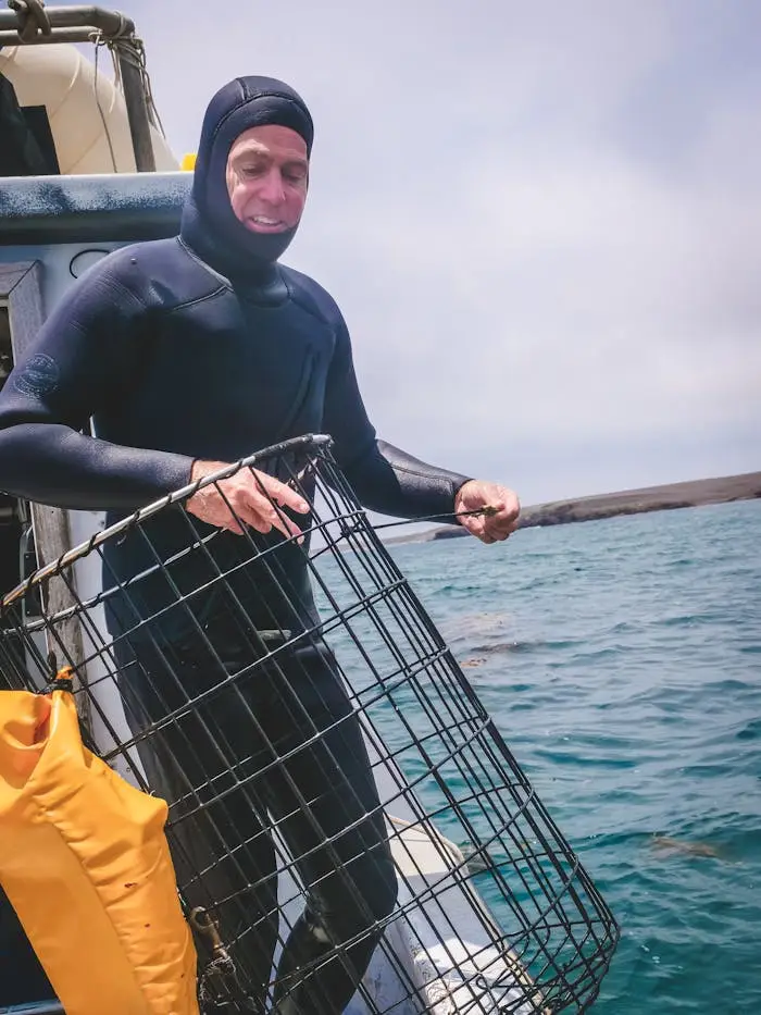 Man in wetsuit on boat handling a fishing cage, ready to dive.
